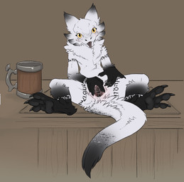 anthro black_body black_fur black_vulva blep blush bodily_fluids body_blush c...