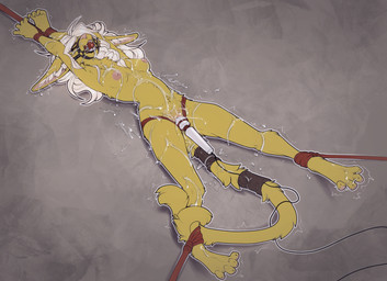 anthro areola ball_gag biped bodily_fluids bound breasts claws cum feet femal...