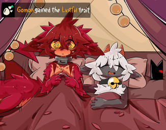 2_horns 4_fingers anthro arm_markings arm_tuft bed bell bell_collar big_tail ...