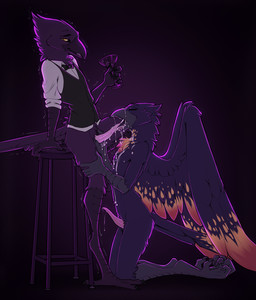 anthro anthro_on_anthro beak biped bodily_fluids bottomless butt claws clothe...