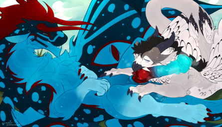 balls bodily_fluids claws duo fangs feathered_wings feathers flared_penis fur...