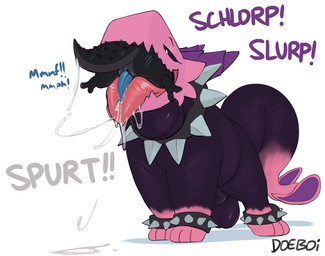 almost_fully_inside animal_genitalia anthro balls bodily_fluids body_in_mouth...