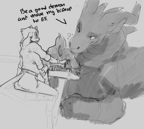 4_arms anthro bishop_(chess) chess chess_piece claws clothing dialogue duo ey...