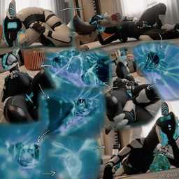 abdominal_bulge anthro armor bodily_fluids bone breasts bulge collar concern ...