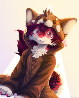 :3 animal_onesie anthro arm_support brown_clothing button_(fastener) cheek_tu...