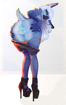 anthro anus beak bent_over big_anus blue_anus blue_body blue_eyes blue_vulva ...