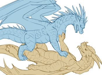 angry blue_body brown_body claws digitigrade duo ear_piercing ear_ring facial...