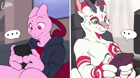 anthro breaking_the_fourth_wall clothing detailed_background duo fur green_ey...