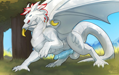 4_toes balls blue_eyes claws erection feet feral forest genitals hair horn kn...