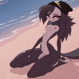 5_fingers anthro beak beak_closed beanie black_body black_feathers breasts cl...