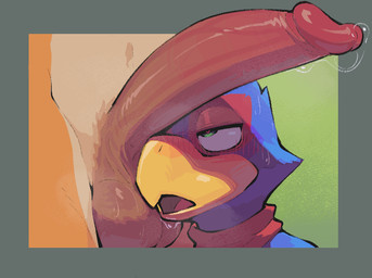 anthro anthro_on_anthro balls beak biped blue_body blue_feathers blush blush_...
