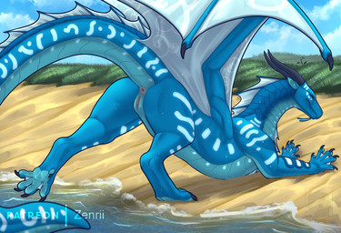 anus ass_up beach blue_body blue_scales butt claws clitoris cloud day digitig...
