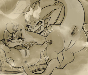 2_horns 3_fingers 3_toes anal_wink animal_genitalia anus big_ears blep book b...