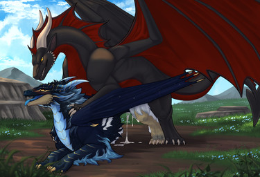 blue_body blue_scales bodily_fluids claws cum duo female feral from_behind_po...