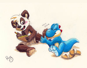 Yoshi sniffing panda paws