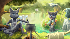 Camping woofs in feeshy woods