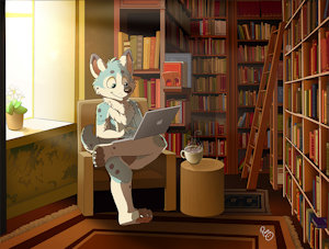 Riley in the library