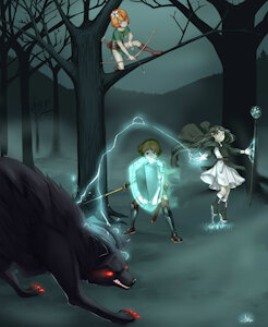 The Three Heirs vs. Demonic Wolf (art by Aogami)