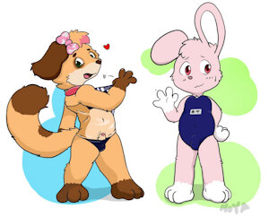Boys wearing a girl's swimsuit