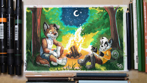 Biscuit and Paco Sharing Adventures at the Campfire