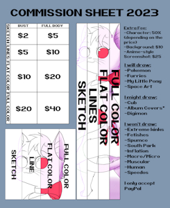 Art Commissions: Price Sheet 2022-2023