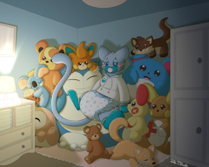 Comfy between the plushies