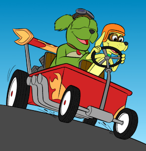 Frank and Beans riding a race wheelbarrow (colored)