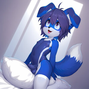 Just Fusion wearing a swimsuit while on a pillow