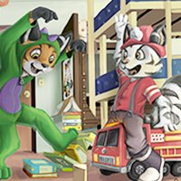 Dinosaur and firefigther at play