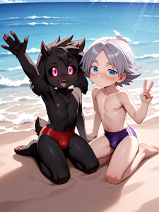 Ralsei and Fubuki in speedos. (Animated)