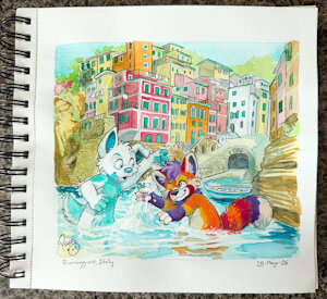 Watercolor Journey: Denali and Archer in Riomaggiore (9/20)